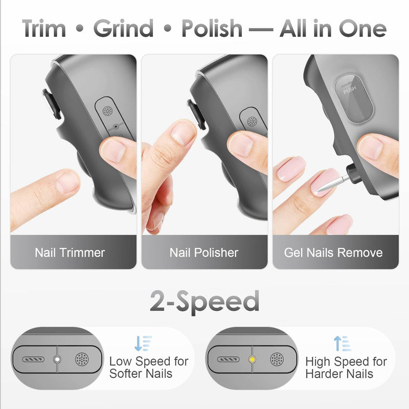 Electric Nail Clipper, 3 in1 Toenail Clippers & Nail Drill with Polishing for Fingers and Toes, Rechargeable Fingernail Trimmer with 3 Adjustable Speeds for Senior Adults Men Caregivers(MatteBlack)