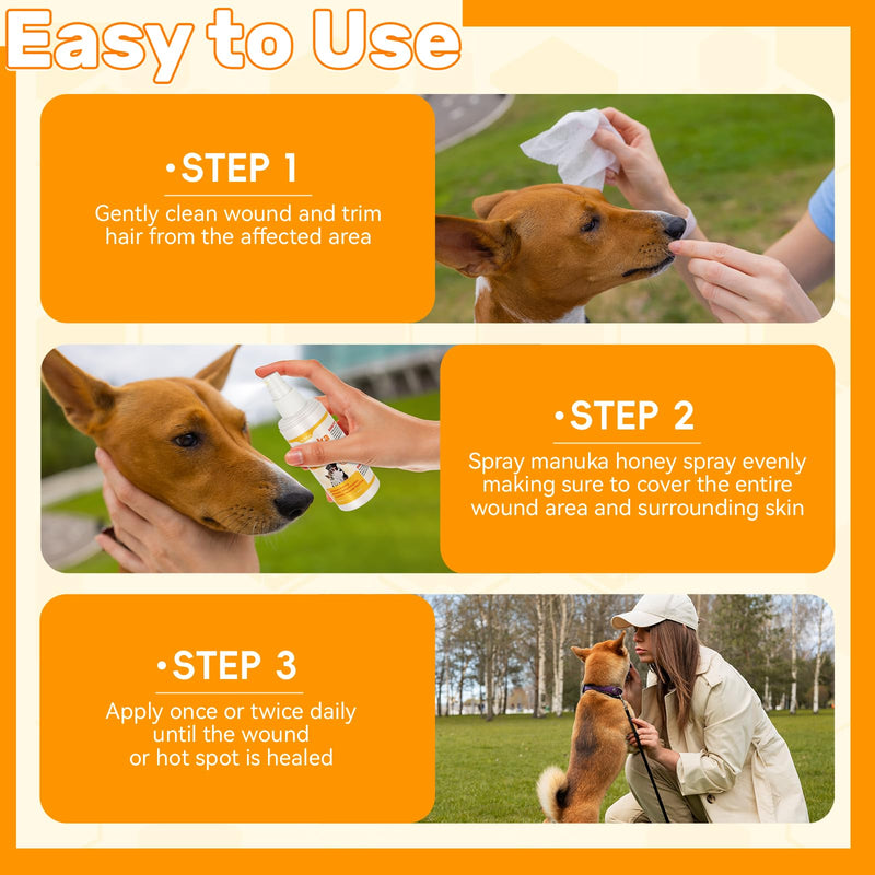 Manuka Honey for Dogs, Hot Spot & Wound Care Spray, Promotes Wound Healing, Soothes Itching & Inflammation, Natural Skin Care Spray for Dog, Safe, Easy to Use, 3.38 oz Bottle