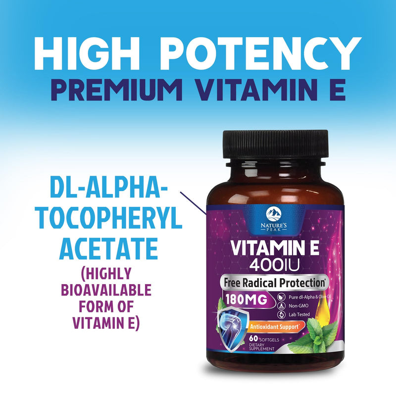 Vitamin E 180 mg Per Serving Softgels - E Vitamin DL-Alpha, Antioxidant-Rich Dietary Supplement for Skin, Heart, and Immune Support, Bottled USA, Easily Absorbed, Non-GMO & Gluten Free - 60 Softgels 60 Count (Pack of 1)