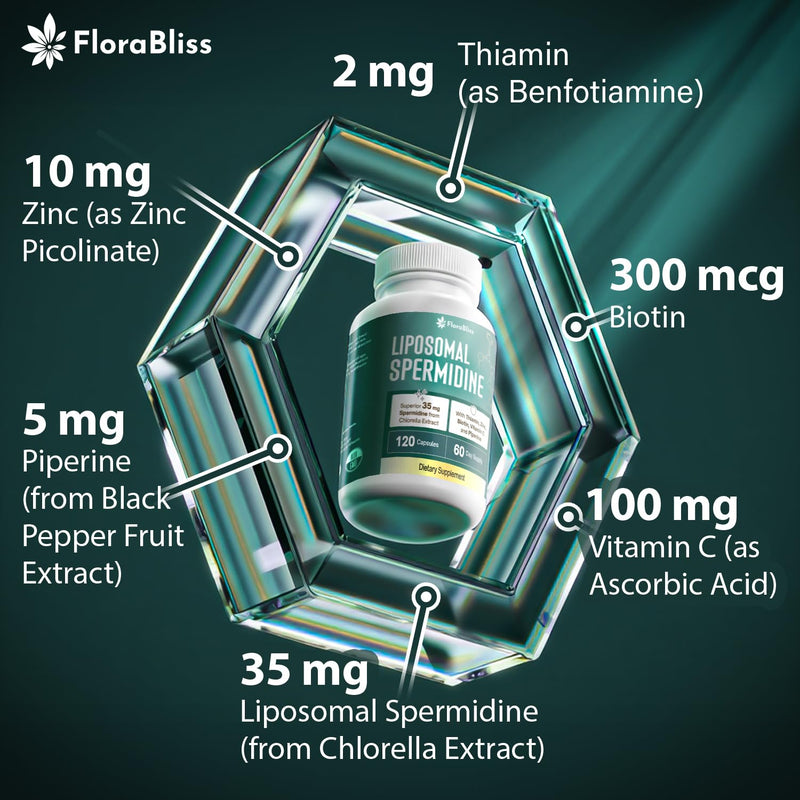 FloraBliss 35mg Liposomal Spermidine with Thiamin, Zinc, Biotin, Vitamin C | Spermidine from Chlorella. 60-Day Supply. 120 Capsules