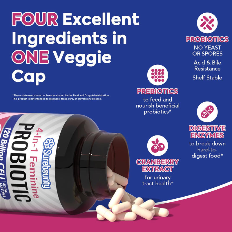 Probiotics for Women, 120 Billion CFU 34 Strains, Prebiotics, Digestive Enzymes, Cranberry, 4-in-1 Feminine Probiotic, Digestive, Vaginal, Immune Support, 60ct (Pack of 2) 30 Count (Pack of 2)