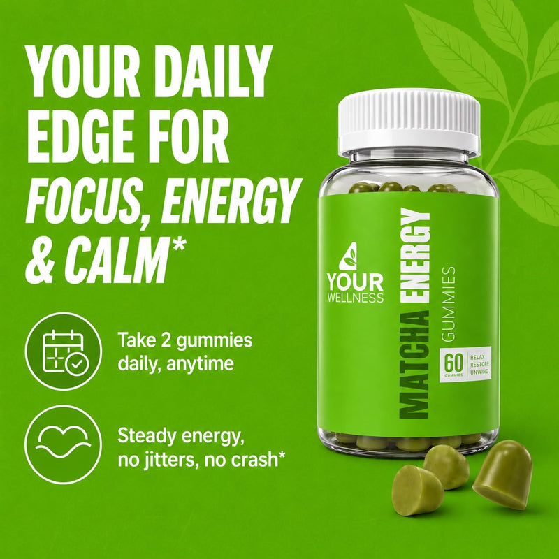 Matcha Green Tea Energy Gummies B12 CoQ10 60 Count | Vitamin B12 and B3, CoQ10, green tea extract, vegan, non GMO, gluten free, Kosher certified, energy and metabolism support Matcha 60 Count (Pack of 1)