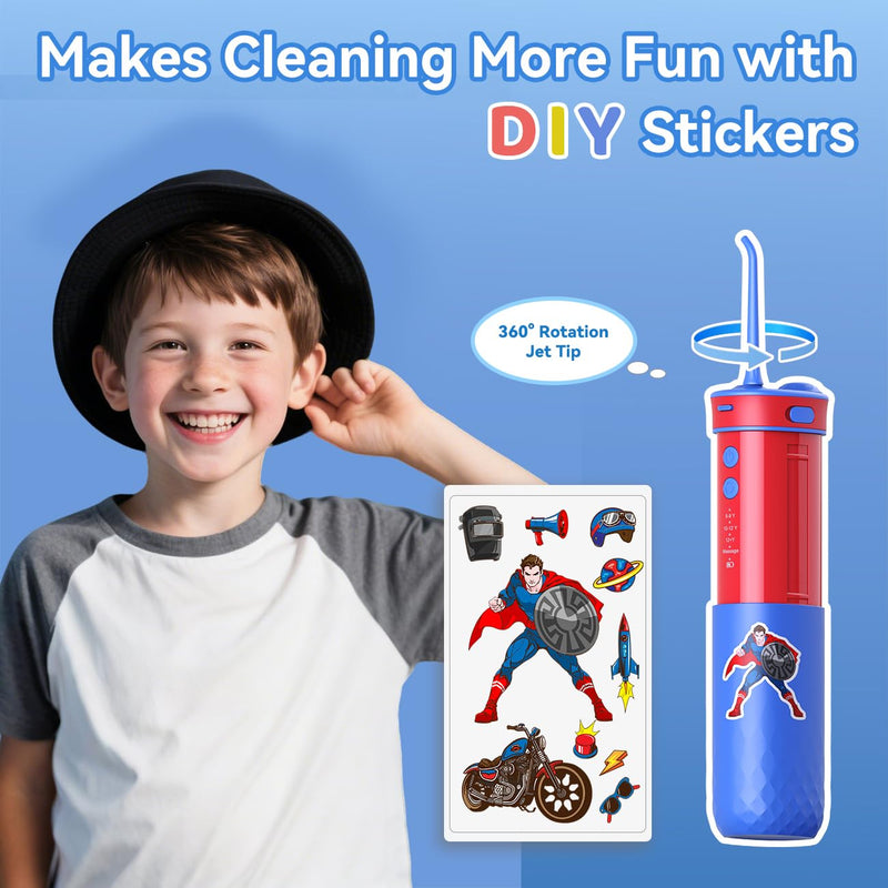 JTF Portable Water Flosser for Kids: 4 Gentle Modes for Ages 6+, Safe & Effective for Sensitive Teeth, Braces - with DIY Stickers, 4 Nozzles, Travel Bag, Mini Compact Oral Irrigator for Home & School Blue+red