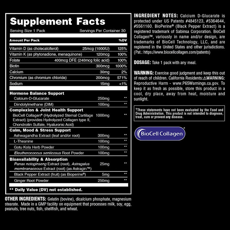 Animal Power Balance – Women's Alpha F Comprehensive Formula – Supports Hormonal Balance, Complexion, Hair, Nails, Mood and Stress, Intestinal Health, & Bone and Joint Health – 30 Packs Nutritional Supplement