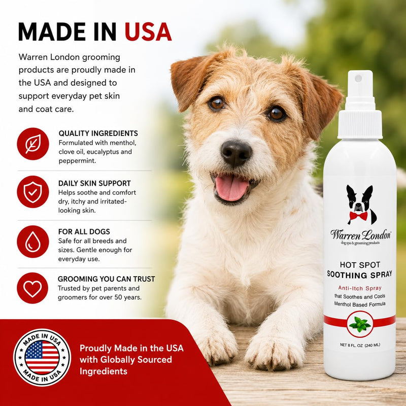 Warren London Dog Hot Spot Soothing Spray, Cooling Anti-Itch Spray with Menthol, Bitter Lick & Chew Deterrent for Dry Itchy Skin & Irritated Areas, Made in USA, 8 oz