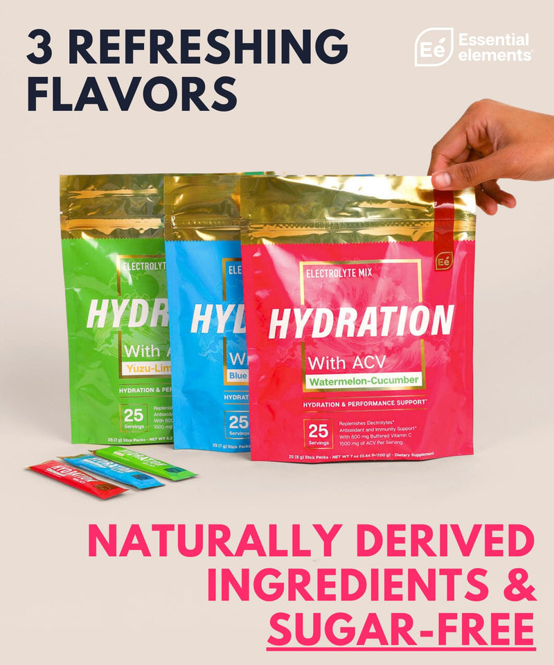 Essential Elements Hydration Packets - Variety Pack - Sugar Free Electrolytes Powder Packets - 15 Stick Packs of Electrolytes Powder No Sugar - Hydration Drink - with ACV & Vitamin C 15 Servings (Pack of 1)