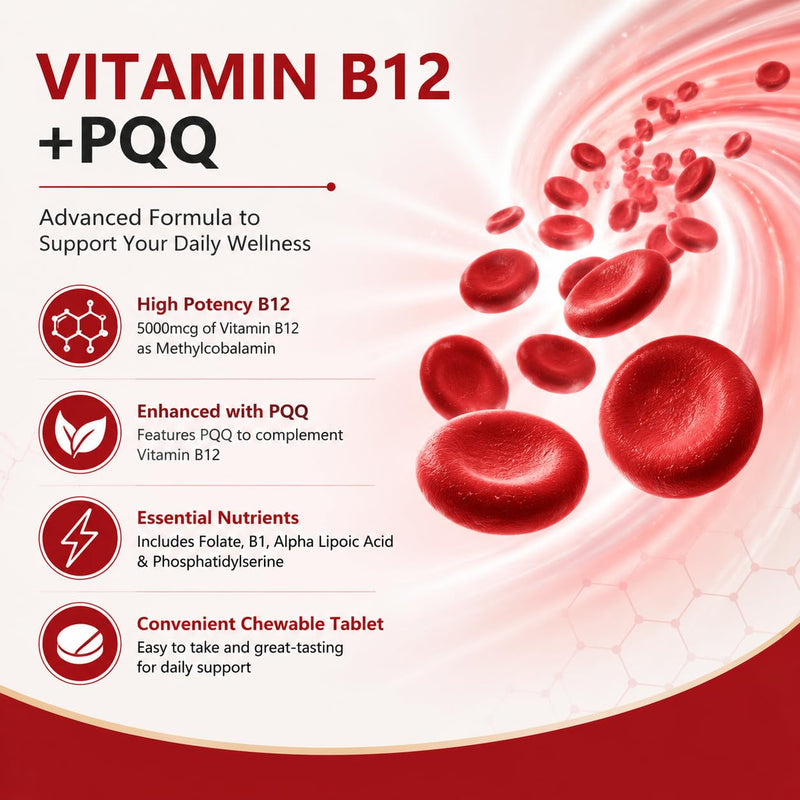 LIIFE Methylcobalamin (PQQ + Active B12) 5000 mcg |360 Cherry Tablets | 6-in-1 advanced formula, supports brain & nerve health, boosts antioxidant power and supports healthy mitochondrial function 180 Count (Pack of 2)