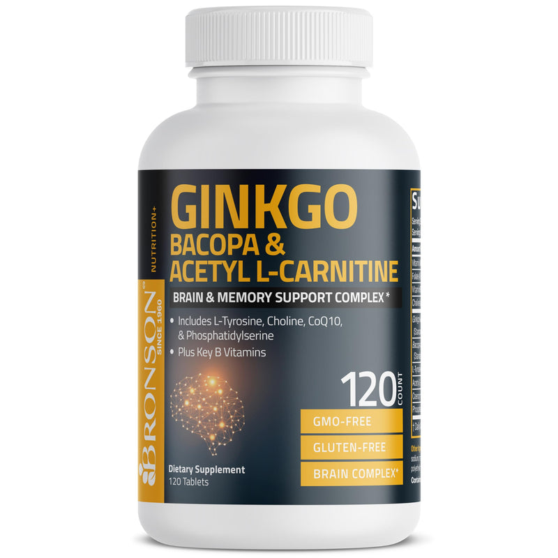Bronson Ginkgo, Bacopa & Acetyl L-Carnitine Brain & Memory Support Complex with L-Tyrosine, Choline, CoQ10 & Phosphatidylserine Plus Key B Vitamins Non-GMO, 120 Tablets 120 Count (Pack of 1)