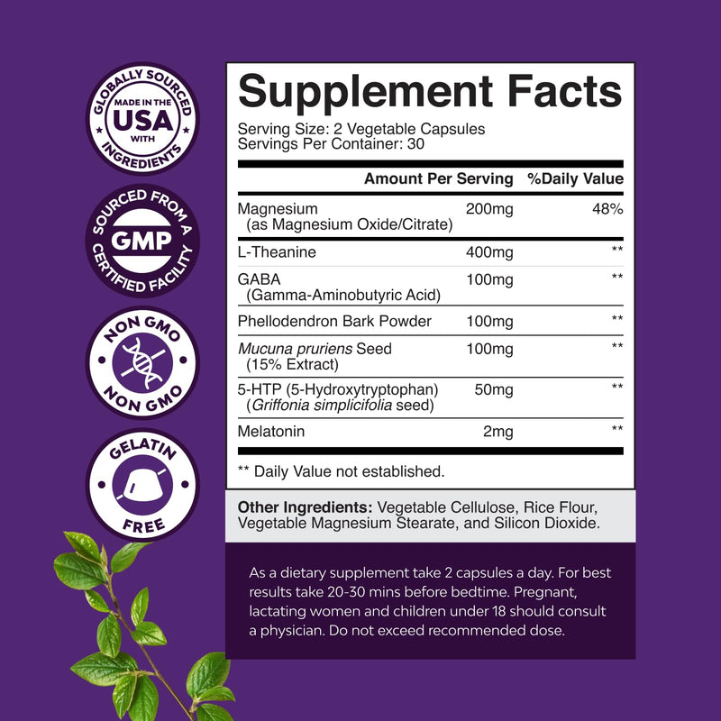 Sleep Support Capsules with Magnesium L-Theanine & GABA - 60 Count | Non-addictive sleep formula with herbal ingredients to support healthy rest & relaxation