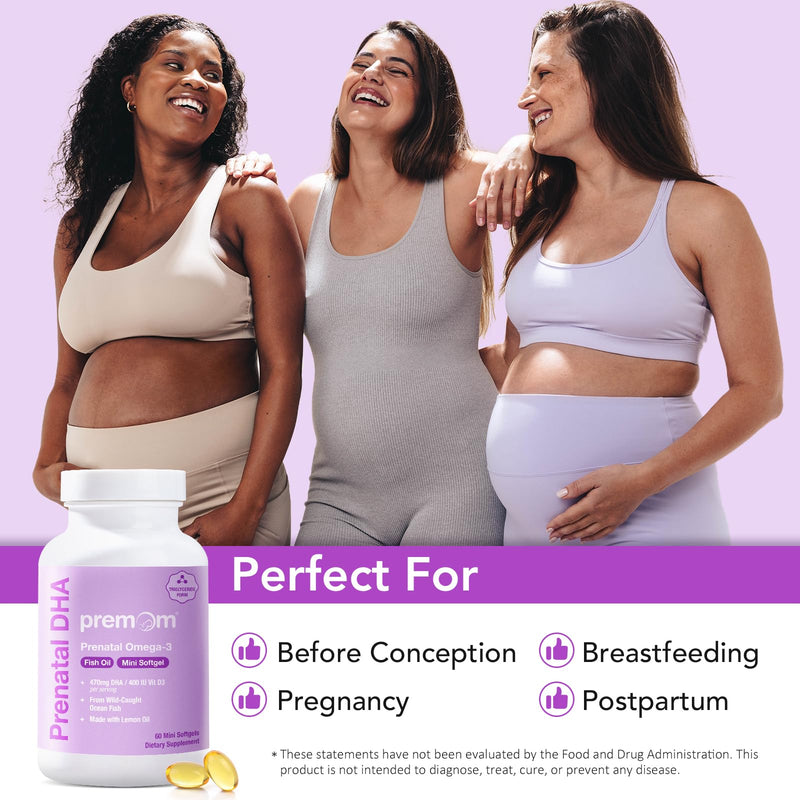 Premom Prenatal DHA Fish Oil: Triglyceride Omega 3 with 470mg DHA, 200mg EPA + 400 IU VIT D3 Supplement - Fertility Support for Women - Globally Sourced from Wild Caught Fish - BeesActive Australia