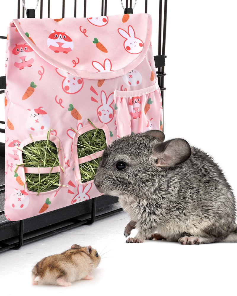 Bissap Rabbit Hay Feeder Bag, 2 Holes Hanging Hay Feeder Guinea Pig Hay Bag with Side Pocket for Rabbits Bunny Chinchillas Hamsters Rats and Other Small Pets Small Animal - S (Pink) ﻿ - BeesActive Australia