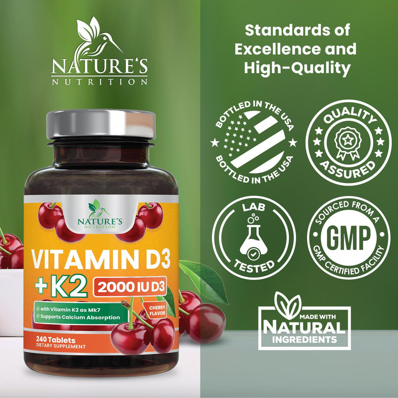 Vitamin D3 K2 Supplement - 2000 IU D3 Per Serving - Extra Strength MK-7 K with Vitamin D3 - For Immune Support, Heart, Teeth & Bone Health - Easy to Swallow D3K2 Chewable, Berry Flavor - 240 Tablets 240 Count (Pack of 1)