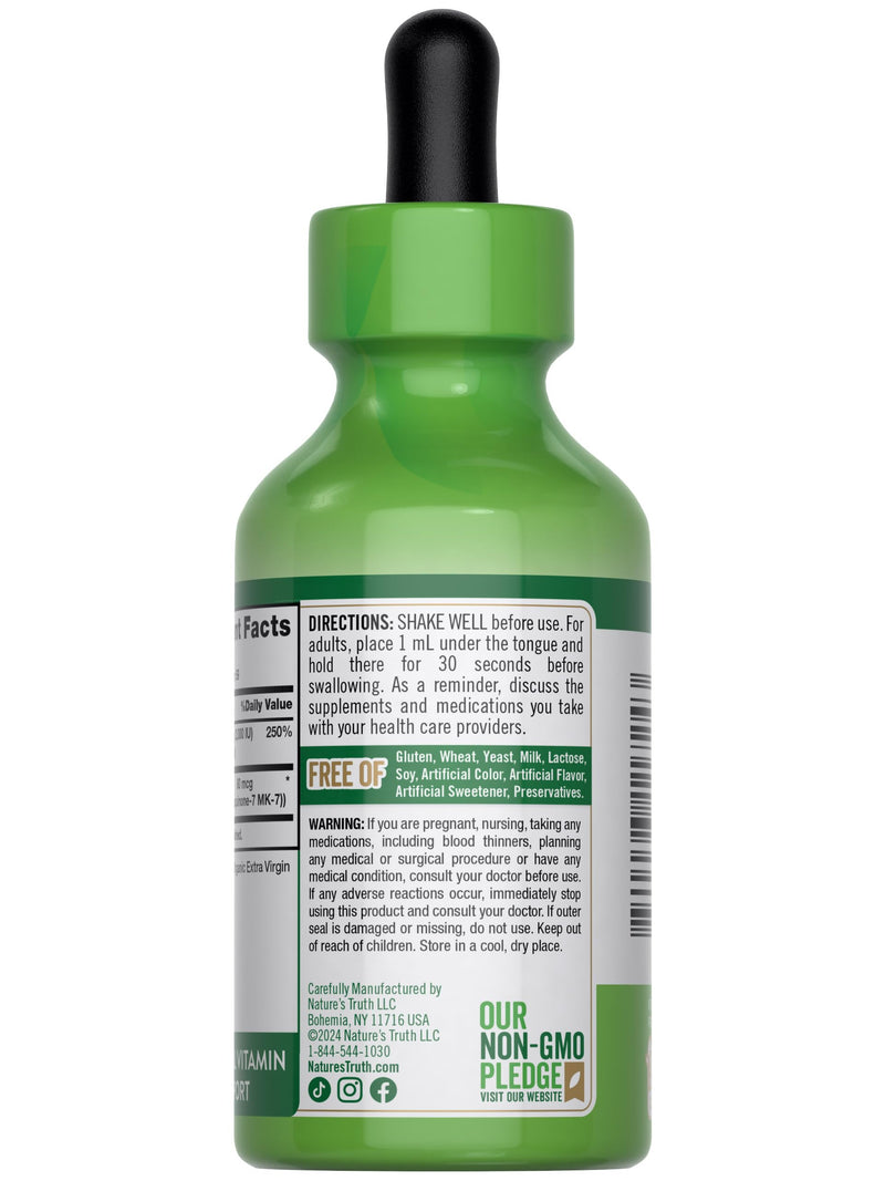 Nature's Truth Vitamin D3 K2 Liquid Drops | with MK-7 | 2 Fl Oz | Vegetarian, Non-GMO & Gluten Free Supplement | Essential Support