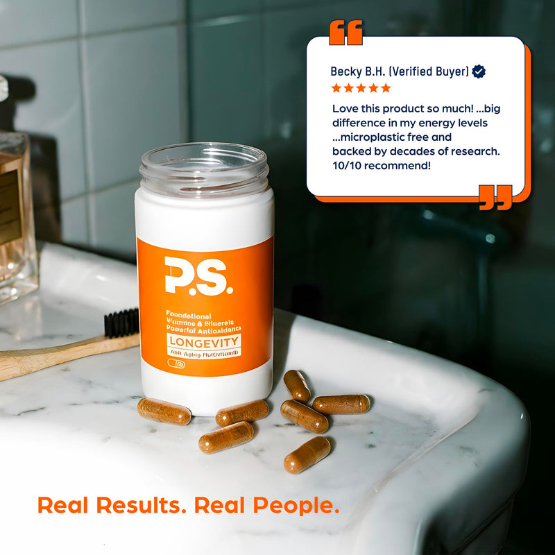 PS Longevity Methylated Multivitamin, B Vitamins & CoQ10, 60 Day Starter | 3rd party tested, 27 nutrients for cellular health, energy & memory for men & women, gluten free, vegan, non-GMO, no plastic 60-Day Starter