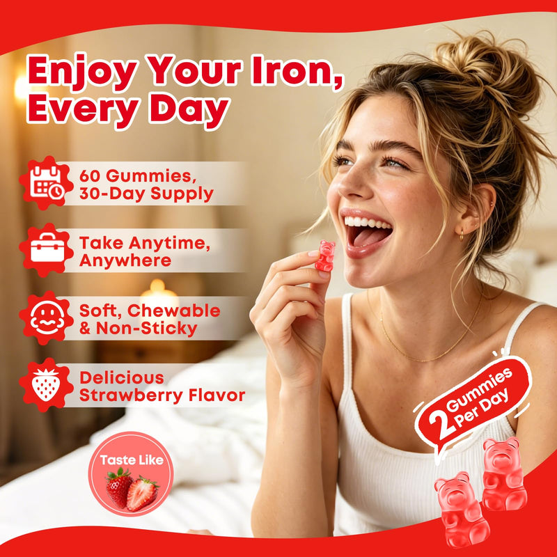 Sugar Free Iron Gummies for Women & Men, Iron Supplement, Vegan | for Anemia & Iron Deficiency, with Vitamin B12, Vitamin C, Zinc, Folate - Energy Boost, Strawberry Flavor, 60 Count 60 Count (Pack of 1)