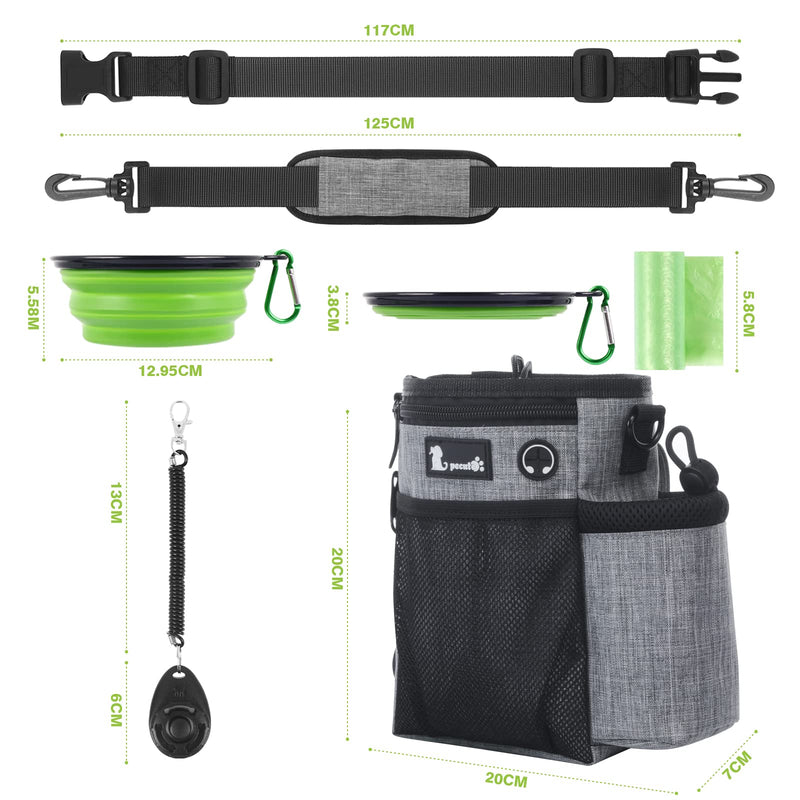Pecute Dog Treat Pouch, Hands-Free Dog Training Bag with Shoulder Strap Waist Belt Metal Clip and Foldable Bowl, Built-in Poop Bag Dispenser, 3 Ways to Wear Suitable for Training Walking (Grey) Grey + Green Upgrade Large - BeesActive Australia