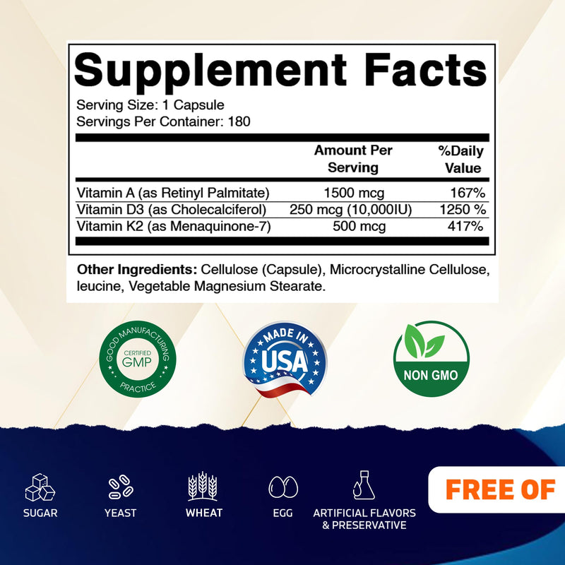 Vitamatic ADK Vitamin Supplement, 180 Veg Capsules, High Potency Vitamins A, D3, K2 for Bone Health, Calcium Absorption, Non-GMO, Gluten Free - 2 Pack
