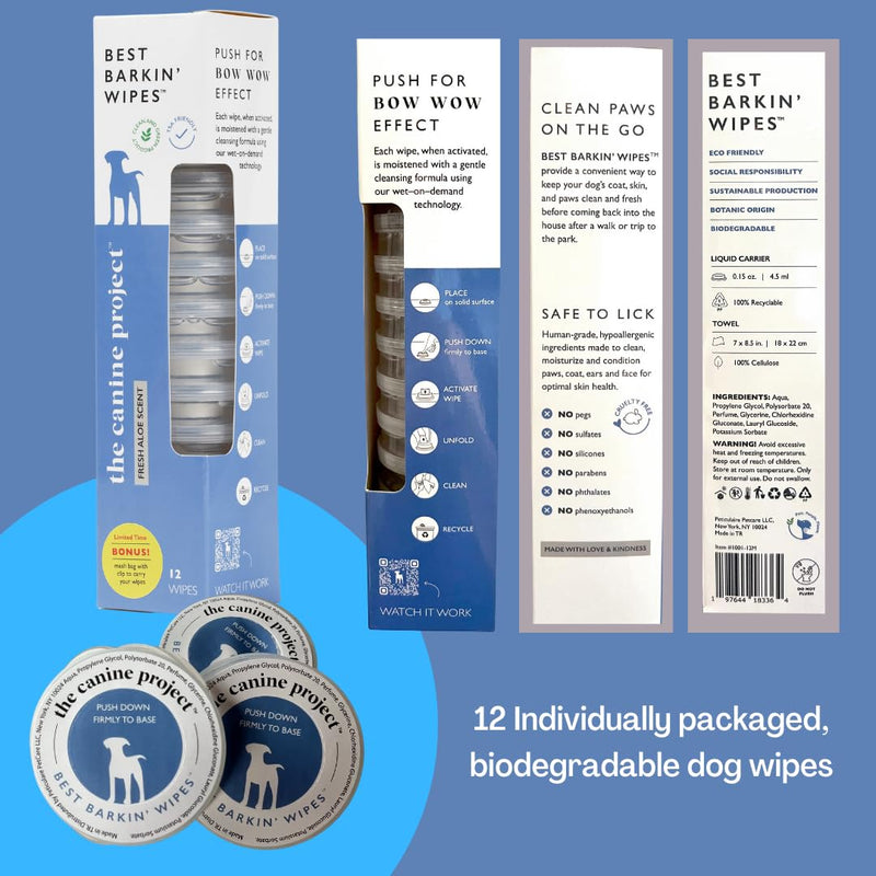 Best BARKIN' Wipes with Free Mesh Bag - Dog Wipes for Paws Ears and Butt - Micellar Aloe Scented Travel Friendly Puppy Wipes (12-Pack) 12-Pack - PawsPlanet Australia