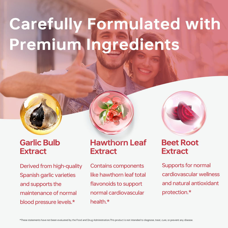 HUJ Blood Pressure Health Supplement, Plant-Based Formula with Black Garlic, Hawthorn, Beetroot, L-Arginine, L-Citrulline, 60 Capsules