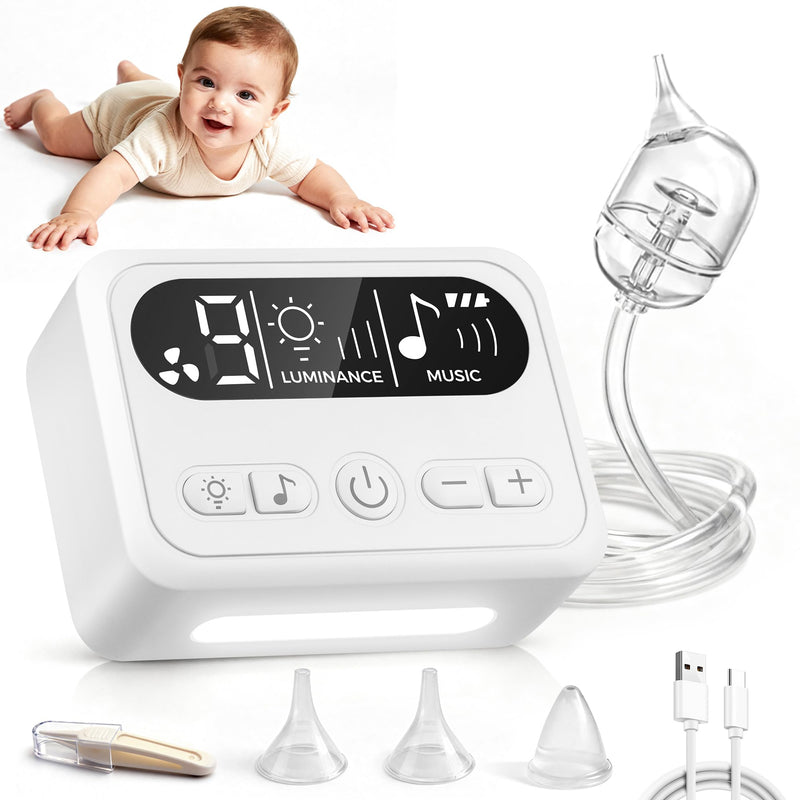 Nasal Aspirator for Baby, Baby Nose Sucker with 9 Suction Levels, Electric Nose Suction for Baby with Night Light, Can Play Lullabies, Equipped with 3 Food-Grade Silicone Nozzles and Tweezers (White) White