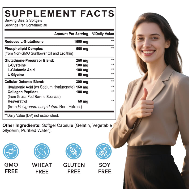 Liposomal Glutathione Softgels, Enhanced Absorption - Liposomal Delivery, Active Form L-Glutathione, Cellular, Immune Function & Liver Detox, Rich in Antioxidant Formula, Gluten Free, 60 Softgels 60 Count (Pack of 1)