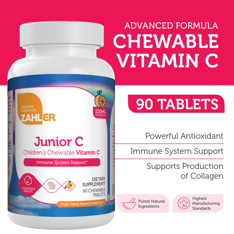 Zahler Junior C Advanced Chewable Vitamin C for Kids - Vitamins in Delicious Orange Flavor - Kosher Kids Vitamin C for Immunity - Chewable Antioxidant - (90 Count) 90 Count (Pack of 1)