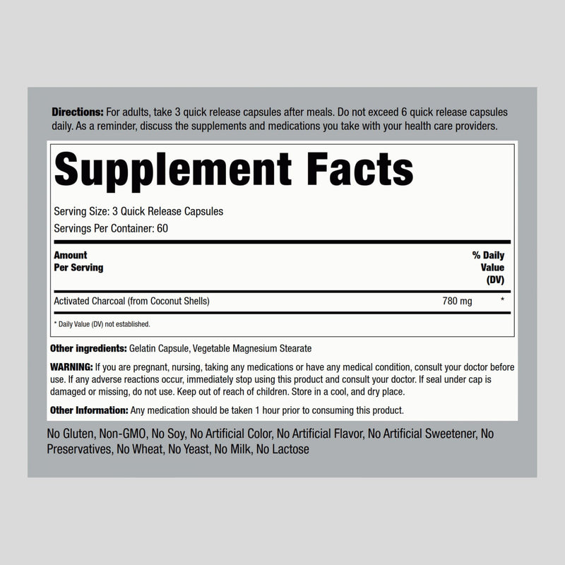 Piping Rock Activated Charcoal Pills | 780 mg | 180 Capsules | from Coconut Shells | Non-GMO, Gluten Free Supplement 180 Count (Pack of 1) - BeesActive Australia