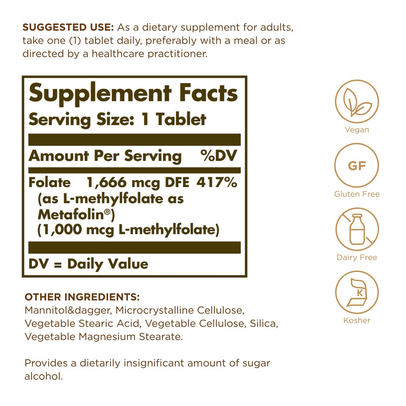 Solgar Folate 1000 mcg - 120 Tablets - 1000 mcg Bio-Active Metafolin - Vegan, Gluten Free, Dairy Free, Kosher - 120 Servings 1