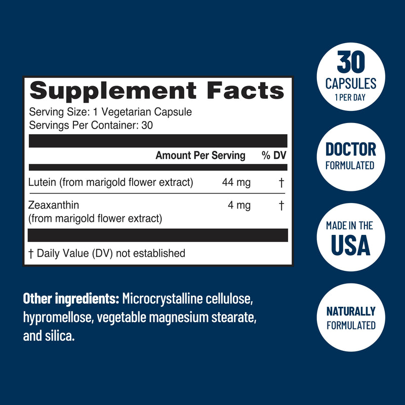 VisiVite Super Lutein 444 Eye Vitamins - Doctor Formulated, 30 Capsules | Lutein and Zeaxanthin Supplements for Adults with 44 mg Lutein and 4 mg Zeaxanthin, Vision Vitamins for Eyes, Made in USA
