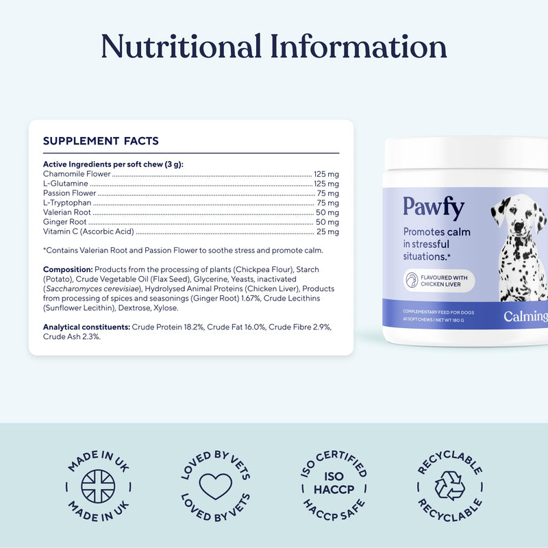 Pawfy Calming Chews for Dogs | Chamomile, Valerian Root & Passionflower Formula | Dog Anxiety & Stress Relief | Fireworks, Separation & Travel Support | All Breeds & Ages | 60 Chews (Chicken)