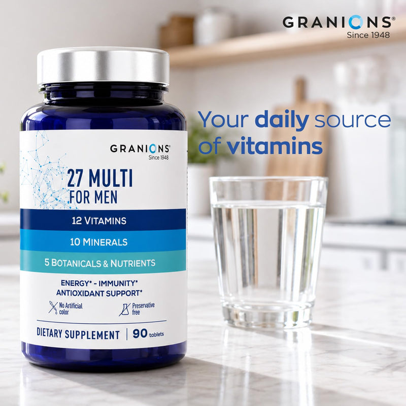 Granions 27 Mens Multivitamins Minerals Extracts - Vitamin D3, C, B12, Zinc, Magnesium, CoQ10, Quercetin, Maca Plus Multivitamin - Daily Mens Vitamins Supplement Multi for Men - 90 Tablets