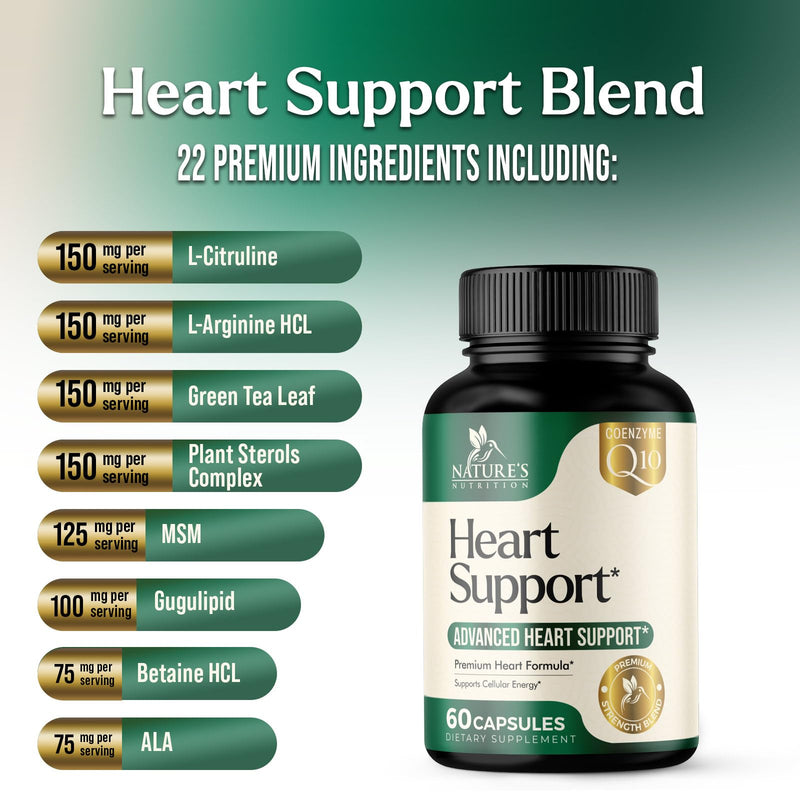 Heart Health Supplement – Complete Heart Support Formula for Women & Men - with CoQ10, B Vitamins, L-Arginine, Hawthorn, Resveratrol - Natural Nitric Oxide Energy Production - Made USA – 60 Capsules 60 Count (Pack of 1)