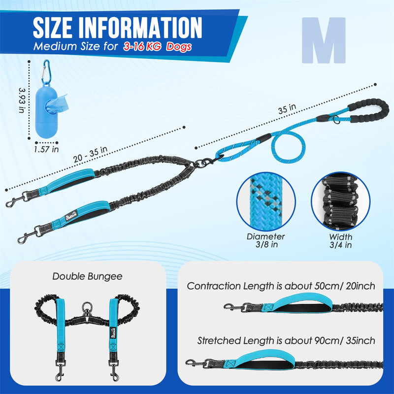 SlowTon Double Leash for Two Dogs - No Tangle Dog Leash 360° Swivel Reflective Double Dog Leash with Two Padded Handles, Shock Absorbing Walking Training for Small Medium Dogs (Blue, 8-35 lbs) 3 Handles (2 Dogs Total Weight 8-35lbs) Blue - BeesActive Australia