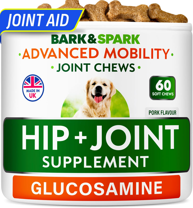 BARK&SPARK Joint Supplement for Senior & Adult Dogs – Glucosamine & Chondroitin for Mobility Support – Hip & Joint Care Chews – Made in the UK – 60 Soft Treats 60 Joint Care Chews