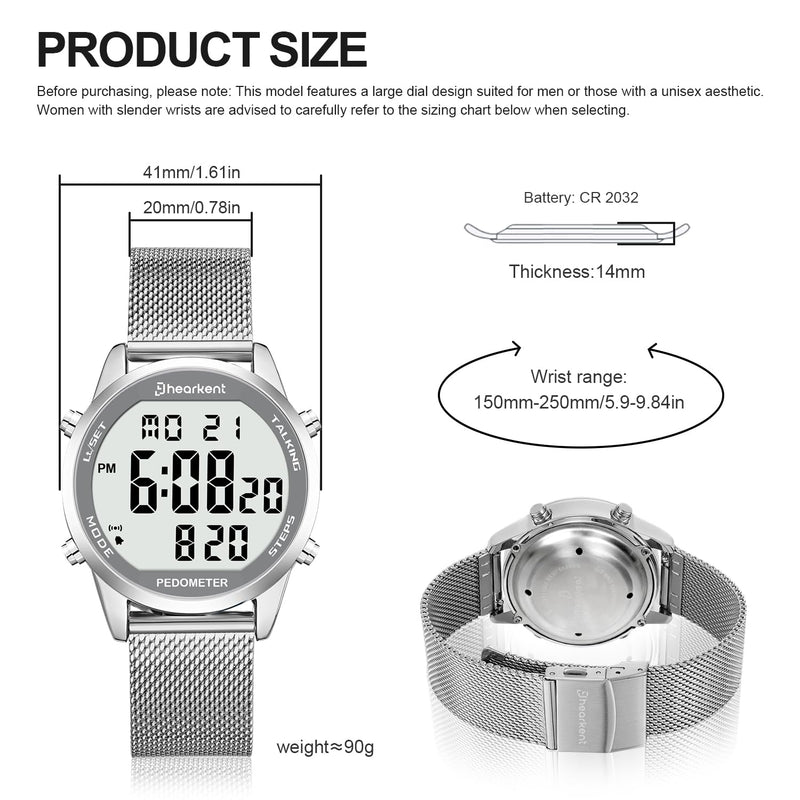 Hearkent Digital Talking Watch with Pedometer,Announces time/Date/Steps/Calories in English,Gift for Elderly,Blind&Visually impaired,5 Alarm Reminders+Hourly Chime,EL Backlight Silver Mesh Strap