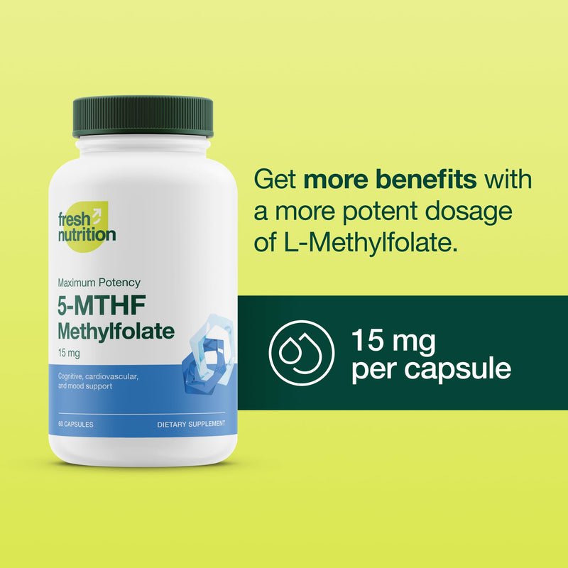 L Methylfolate 15mg - Maximum Potency - Active Vitamin B9 Superior Bioavailability - 5-MTHF Methyl Folate for Mood, Cognition, Immunity, Cardiovascular, Neurological, Reproductive Health - 60 Capsules 15mg 60 Capsules
