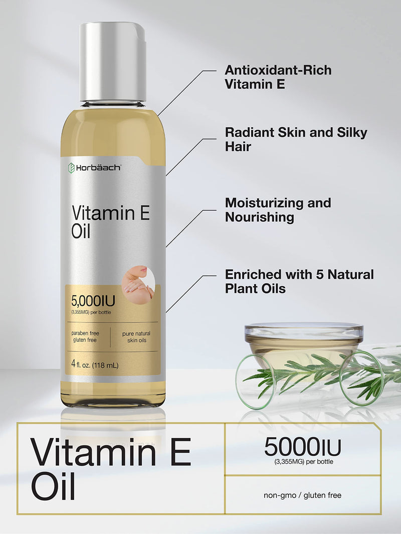 Horbäach Vitamin E Oil | 5000 IU | 8 oz (2 x 4oz) Value Pack | for Skin, Hair, Face & Body | Vegetarian, Non-GMO, and Gluten Free Formula 4 Fl Oz (Pack of 2)