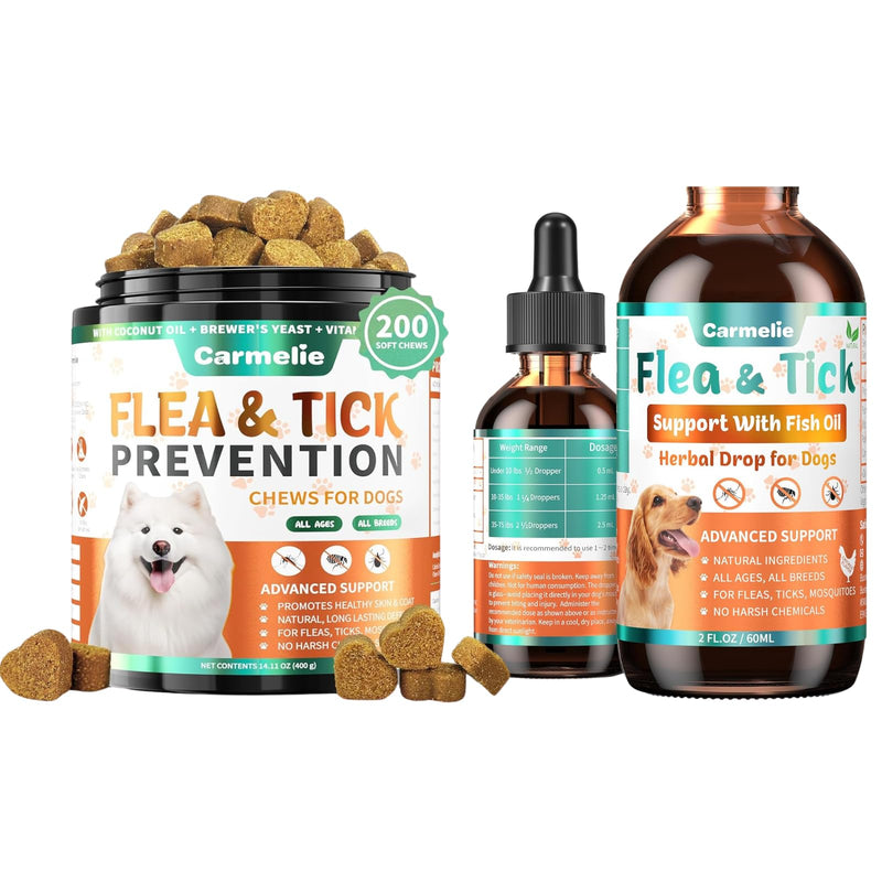 Flea and Tick Support Bundle for Dogs – Oral Flea Drops for Dogs + Flea Chews for Dogs – Natural Flea Prevention for All Breeds & Ages – Chicken Flavor and Duck Flavor