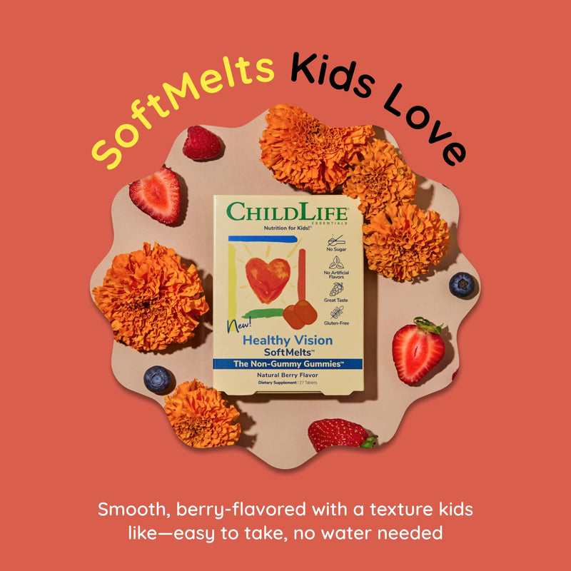 CHILDLIFE ESSENTIALS Healthy Vision SoftMelts, Berry, 27 Tablets | Eye Vitamins for Kids, Lutein Gummies, Lutein and Zeaxanthin Supplements, Eye Health Gummies, Great Taste, Natural Berry Natural Berry (Vision Melts)