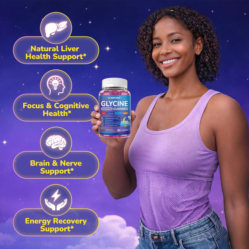 Glycine Gummies, Glycine 3g Supplements with NAC, L-Theanine, GABA, for Sleep, Relax, Nerve & Brain Support, Sugar Free, Vegan, GRAP Flavor, 120 Cts Grape 60 Count (Pack of 2)