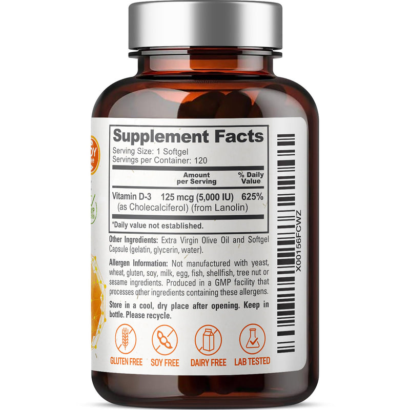 Vitamin D3 5000 IU Softgels 120 Count (125mcg) - Vitamin D-3 High-Potency in Extra Virgin Olive Oil Non-GMO Soy Free For Men and Women - Vit 3D Supplement Supports Strong Bones & Immune Health