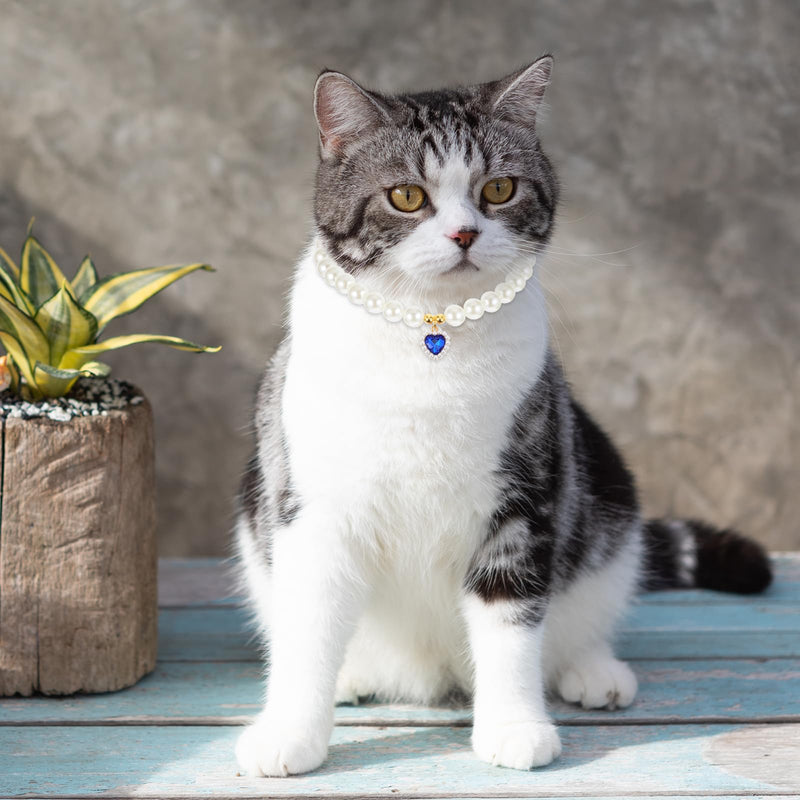 2 Pcs Cat Dog Pearl Collar, Heart Shaped Rhinestone Pet Necklace Dog Pearl Rhinestone Cat Collar, Beaded Dog Necklace Adjustable Pet Jewelry Accessories for Small Dogs Cats(Blue and Red) - BeesActive Australia