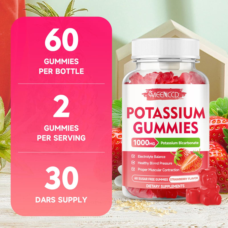 Potassium Gummies 1000mg, Potassium Bicarbonate Supplement for Adults & Kids, Potassium Supplement for Electrolyte Balance & Muscle Heath, Sugar-Free, Strawberry Flavor, 60 Count 60 Count (Pack of 1) - BeesActive Australia