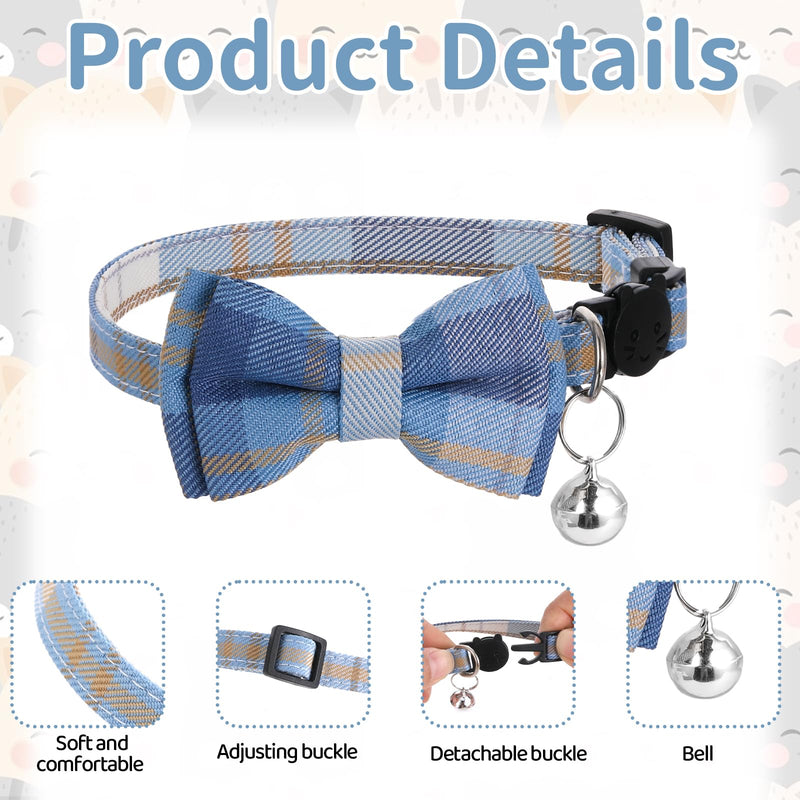 2PCS Blue and White Plaid Cat Collar with Bells, Cat Collar Breakaway Bowtie with Bells, Removable Bow Tie Collar, Adjustbale Kitten Puppy Solid Plaid Color Set, Cute Plaid Kitten Collar Bowtie - BeesActive Australia