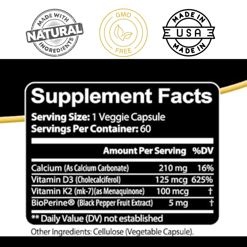 Kaya Naturals Vitamins K2 with D3 5000IU Supplement for Men and Women - Easy to Swallow - Bioperine Capsules (60 Count (Pack of 1) 60 Count (Pack of 1)
