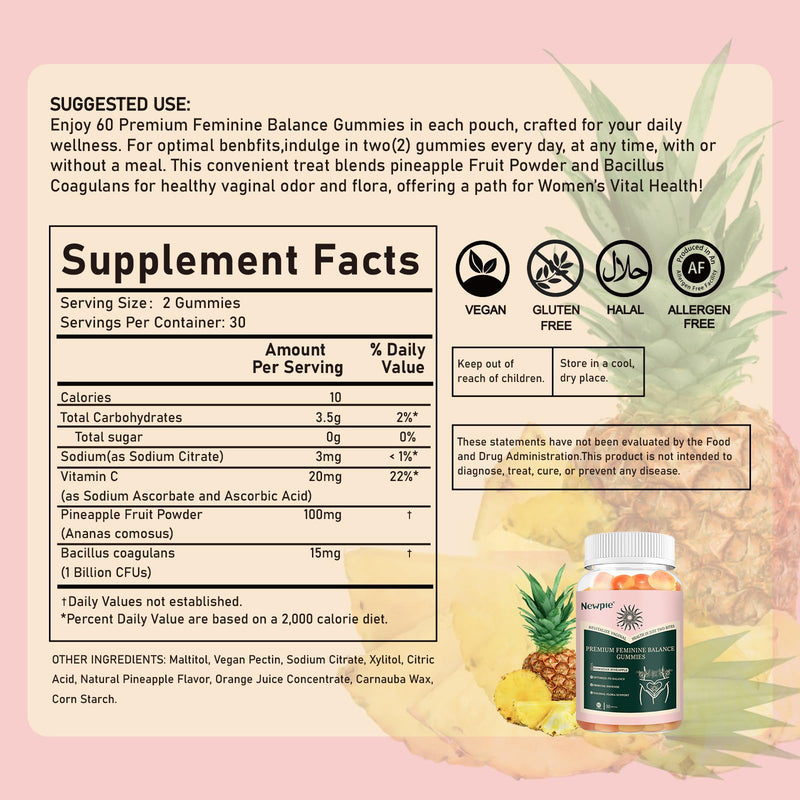 Premium Feminine Balance Gummies for Women Pineapple Gummies for Women ph Health Immune Support Vegan, Gluten-Free & Halal-60 Gummies-30 Servings (1) 1