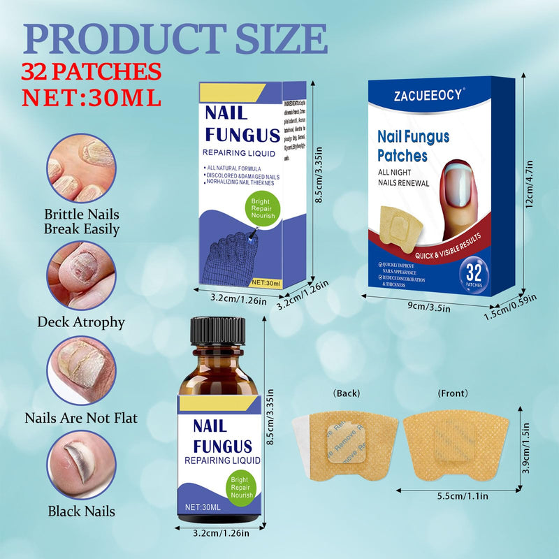 Toenail Fungus Treatment Extra Strength Kit, 30ml Nail Repair Solution and 32 Nail Renewal Patches for Damaged Thick Discolored Toenails and Fingernail
