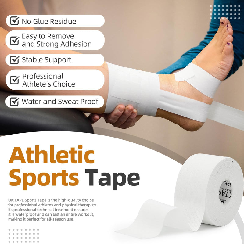 OK TAPE 12 Rolls Athletic Tape, Sports Tape for Injuries, Rigid, Easy Tear Medical Tape, Wrist Tape, No Sticky Residue | Secure Ankle, Finger, Knee- 1.5inch x 15yards (White) 15 yards White-12 Rolls - BeesActive Australia