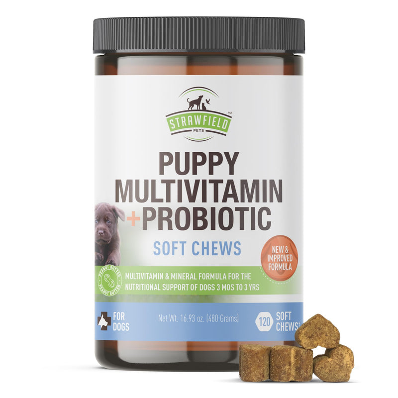 Strawfield Pets Puppy Multivitamin + Probiotics for Dogs Puppy Vitamins with Joint Support Supplement for Dogs & Puppies Peanut Butter Flavor 120 Crumbly Soft Chews Mild Peanut Butter