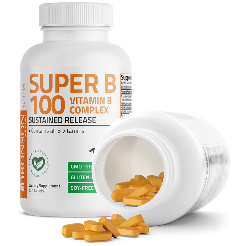 Bronson Super B100 Vitamin B Complex Sustained Release, 120 Tablets | B1, B2, B3, B6, Folic Acid, B12, Biotin & Pantothenic Acid, Energy & Nerve Support, Non-GMO, Gluten-Free & Soy-Free Unflavored 120 Count (Pack of 1)
